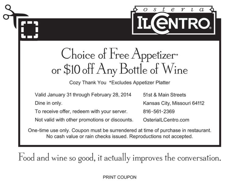 Free Appetizer or 10 Off Bottle of Wine Coupon Osteria Il Centro
